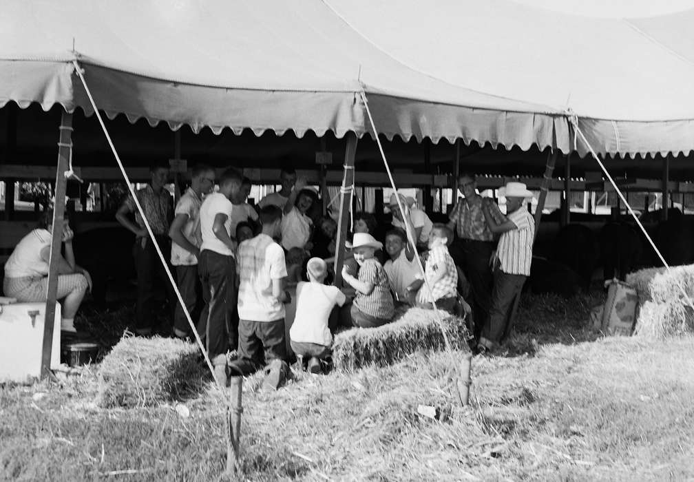 Portraits - Group, history, Photos, Children, Barns, waving, Iowa, IA, Fairs and Festivals, cowboy hat, United States, ia, Entertainment, fair buildings, Coon Rapids Enterprise, historic, hay bale, Coon Rapids