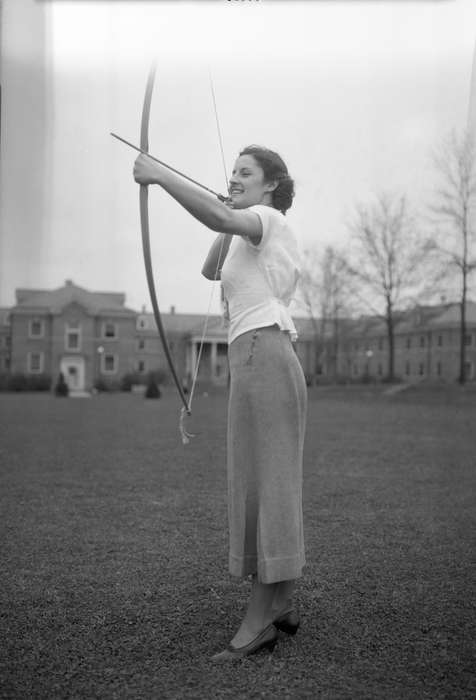 Cedar Falls, IA, history of Iowa, uni, UNI Special Collections & University Archives, Portraits - Individual, university of northern iowa, Sports, skirt, iowa state teachers college, archery, Iowa, Iowa History, Schools and Education, bow and arrow