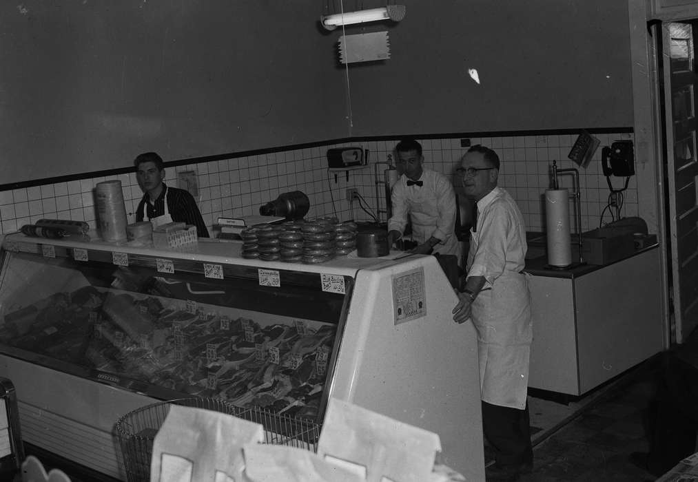 Businesses and Factories, history, deli meat, Photos, Labor and Occupations, cooler, employees, apron, Iowa, IA, United States, bowtie, ia, grocery store, deli counter, Coon Rapids Enterprise, historic, Coon Rapids
