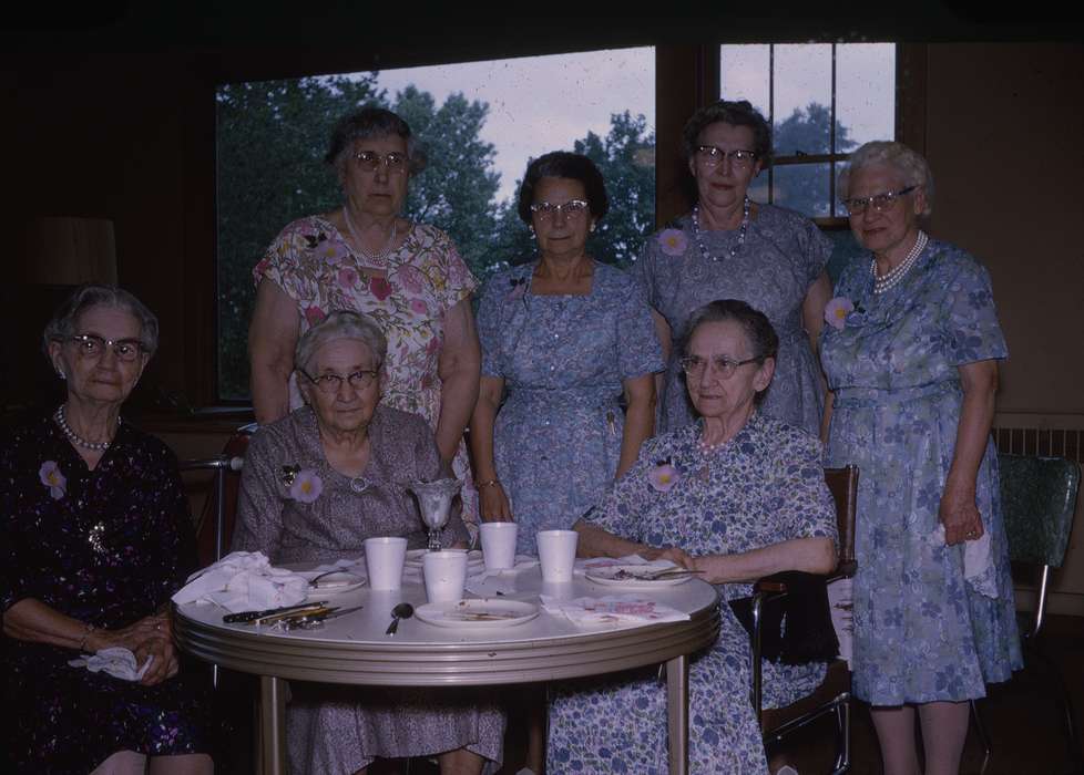 dress, Iowa, silverware, Iowa History, Portraits - Group, dresses, napkin, cups, plates, Western Home Communities, glasses, Food and Meals, Leisure, necklace, flower, history of Iowa