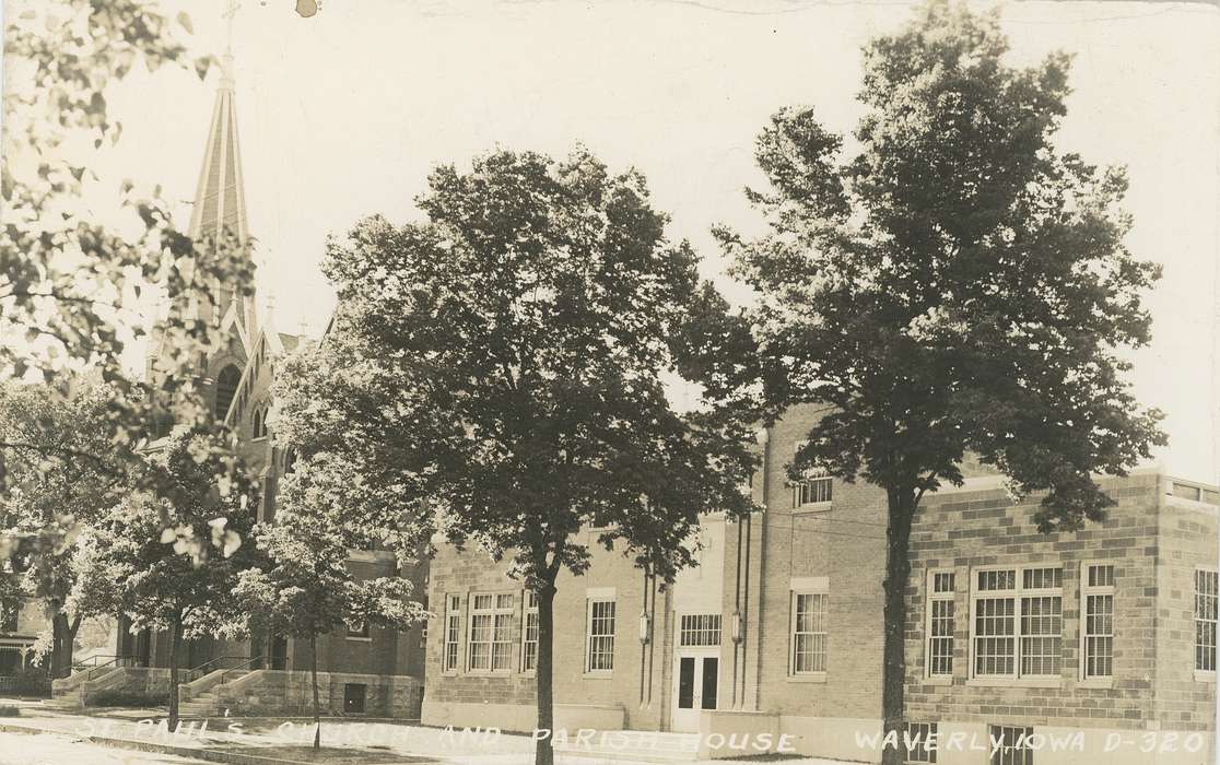 history of Iowa, christianity, steps, Religion, side walk, trees, curb, Iowa History, windows, Meyer, Mary, window, church, sidewalk, Iowa, lutheran, Religious Structures, Cities and Towns, steeple