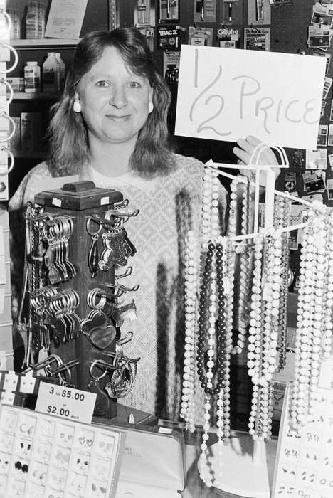 jewelry, Labor and Occupations, necklace, earrings, discount store, history, Portraits - Individual, historic, Iowa, Coon Rapids Enterprise, ia, Photos