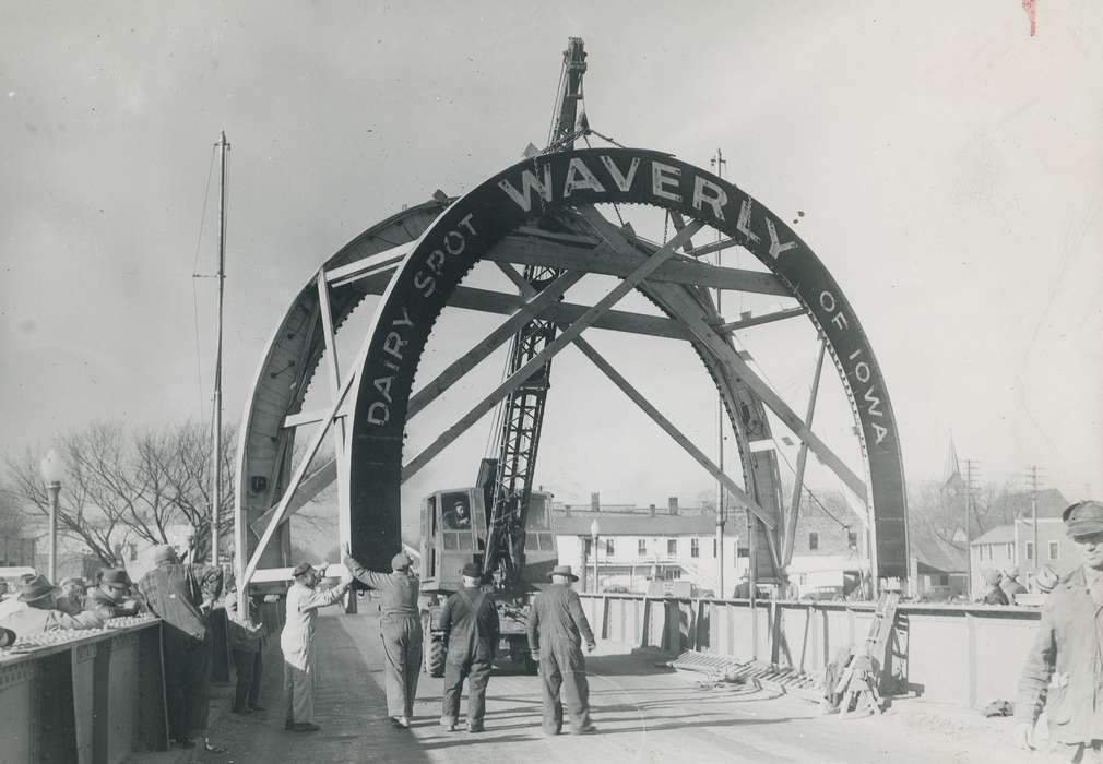 Waverly Public Library, Cities and Towns, bridge, construction crew, Iowa History, arch, Waverly, IA, Main Streets & Town Squares, crane, correct date needed, Labor and Occupations, Iowa, history of Iowa