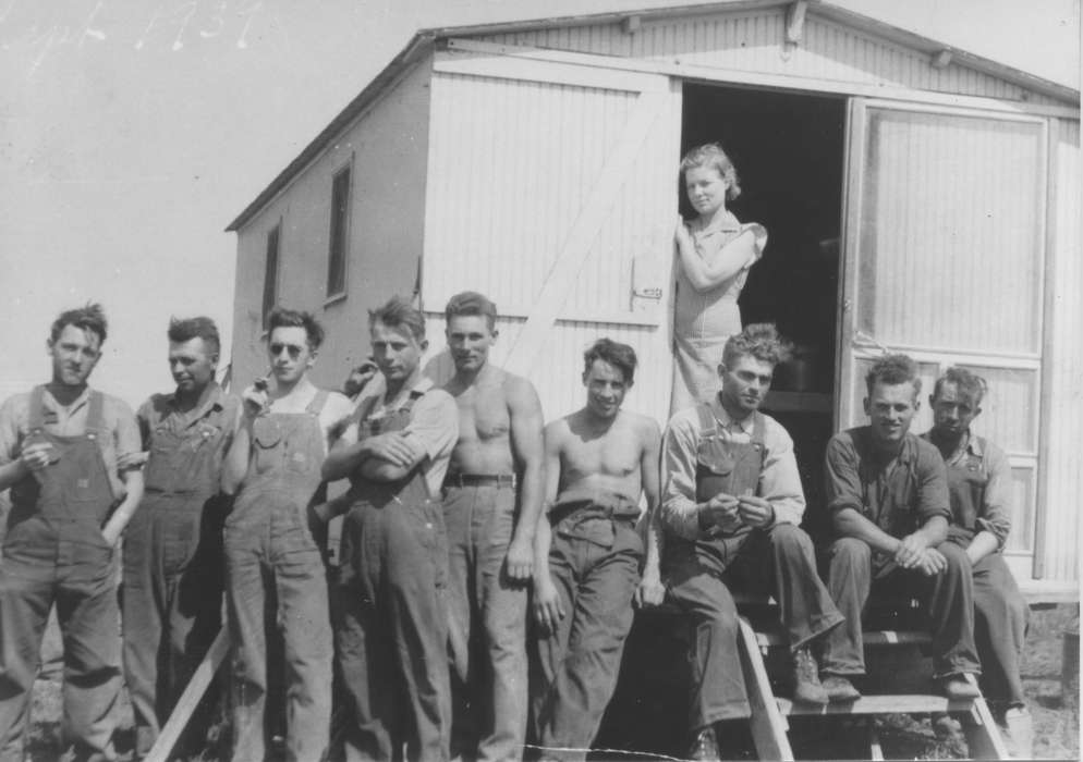 work, Iowa History, overalls, history of Iowa, Portraits - Group, boys, shed, Labor and Occupations, Schall, Michael, correct date needed, Iowa, girl