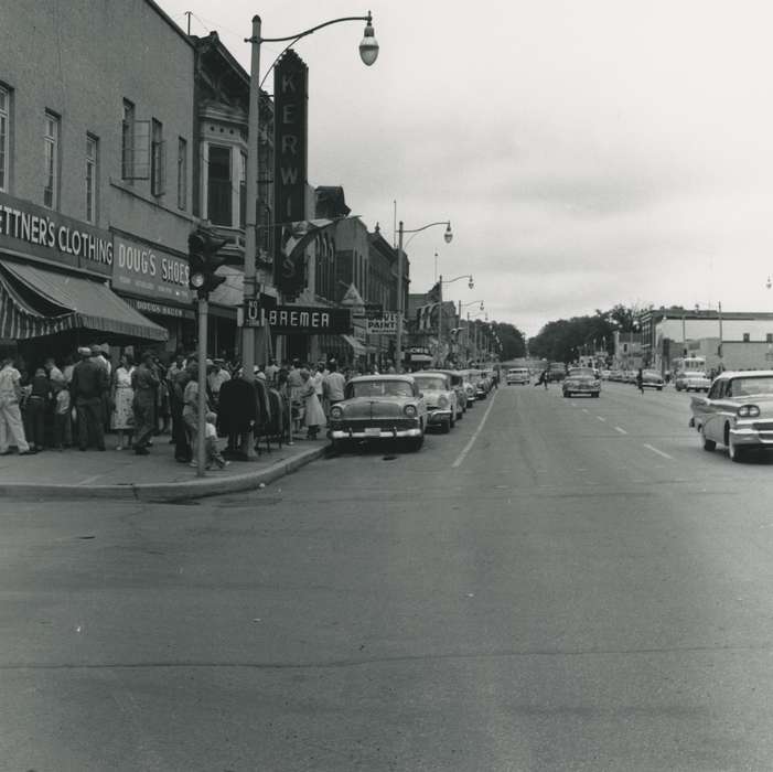 crowd, storefront, Iowa History, bremer ave, Iowa, town street, Waverly Public Library, cars, Main Streets & Town Squares, traffic, IA, commercial street, history of Iowa, stores