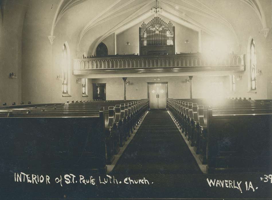 Iowa History, organ, church, aisle, Iowa, history of Iowa, pews, Meyer, Mary, christian, Religion, Religious Structures, lutheran, pew