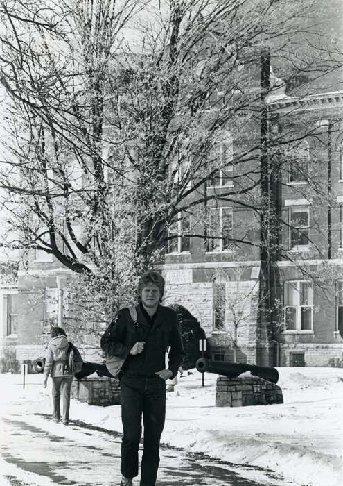 history of Iowa, Winter, UNI Special Collections & University Archives, Iowa History, backpack, winter, cannon, campus, Cedar Falls, IA, Iowa, Portraits - Individual, university of northern iowa, Schools and Education, uni