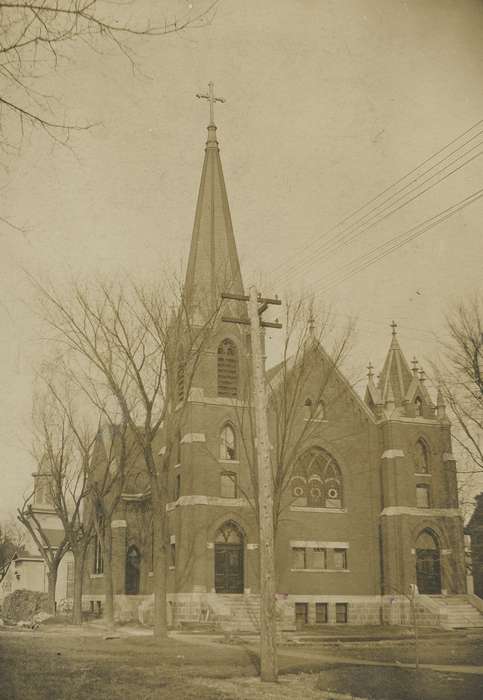 Religion, stained glass, Iowa, church, steps, lutheran, Cities and Towns, christian, telephone line, architecture, Iowa History, history of Iowa, Meyer, Mary, bell tower, steeple, Religious Structures, cross