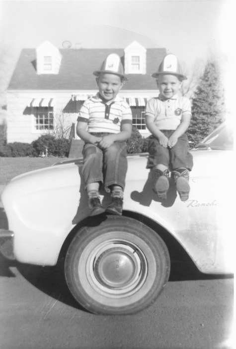 matching, history of Iowa, car, hubcap, ranchero, Schall, Michael, hat, twins, house, Norwalk, IA, Iowa History, Portraits - Group, Iowa, hood, Motorized Vehicles, ford, Children