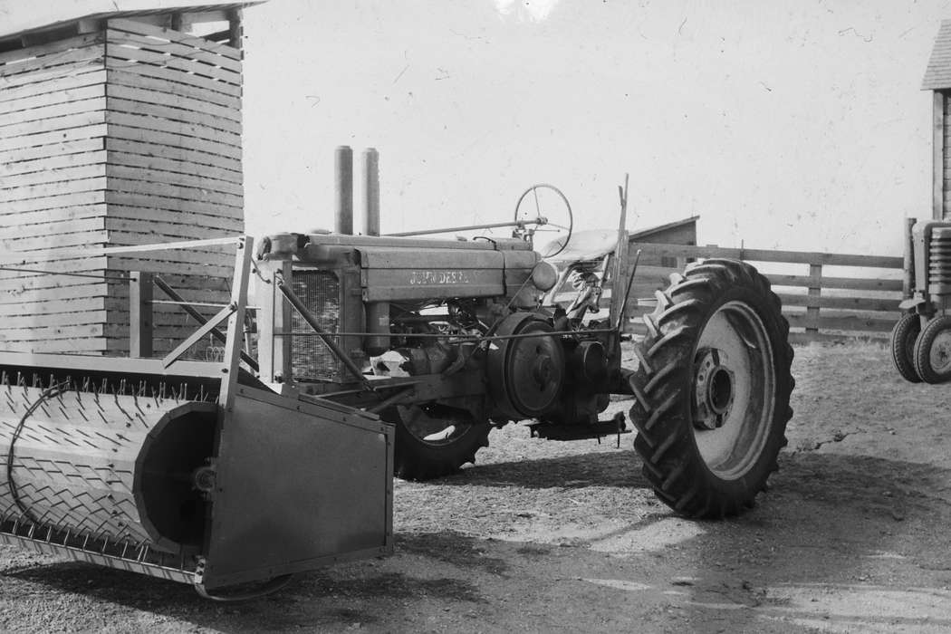 United States, history, ia, Farming Equipment, john deere tractor, Photos, Coon Rapids Enterprise, historic, tiller, Iowa, IA, wooden fence, Coon Rapids, Farms, Motorized Vehicles