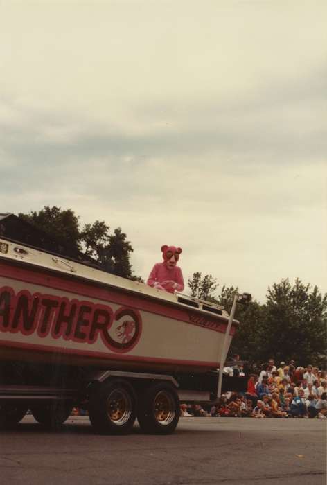 Clear Lake, IA, Motorized Vehicles, Fairs and Festivals, Bancroft, Cynthia, Iowa History, Portraits - Group, Families, pink panther, parade, Iowa, boat, history of Iowa, Children