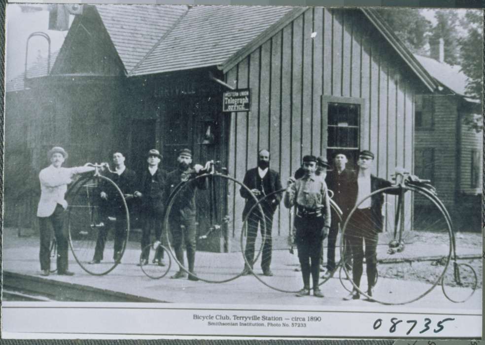 history of Iowa, bicycler club, men, bicycle, Archives & Special Collections, University of Connecticut Library, Iowa, Iowa History, wheel, Terryville, CT