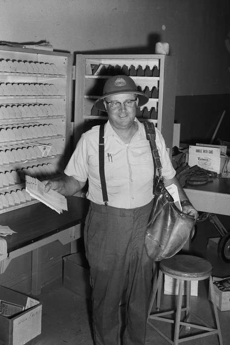 Businesses and Factories, history, Photos, glasses, Labor and Occupations, suspenders, Iowa, IA, post office, Portraits - Individual, United States, ia, city employee, mail, envelope, Coon Rapids Enterprise, mail bag, historic, smile, Coon Rapids