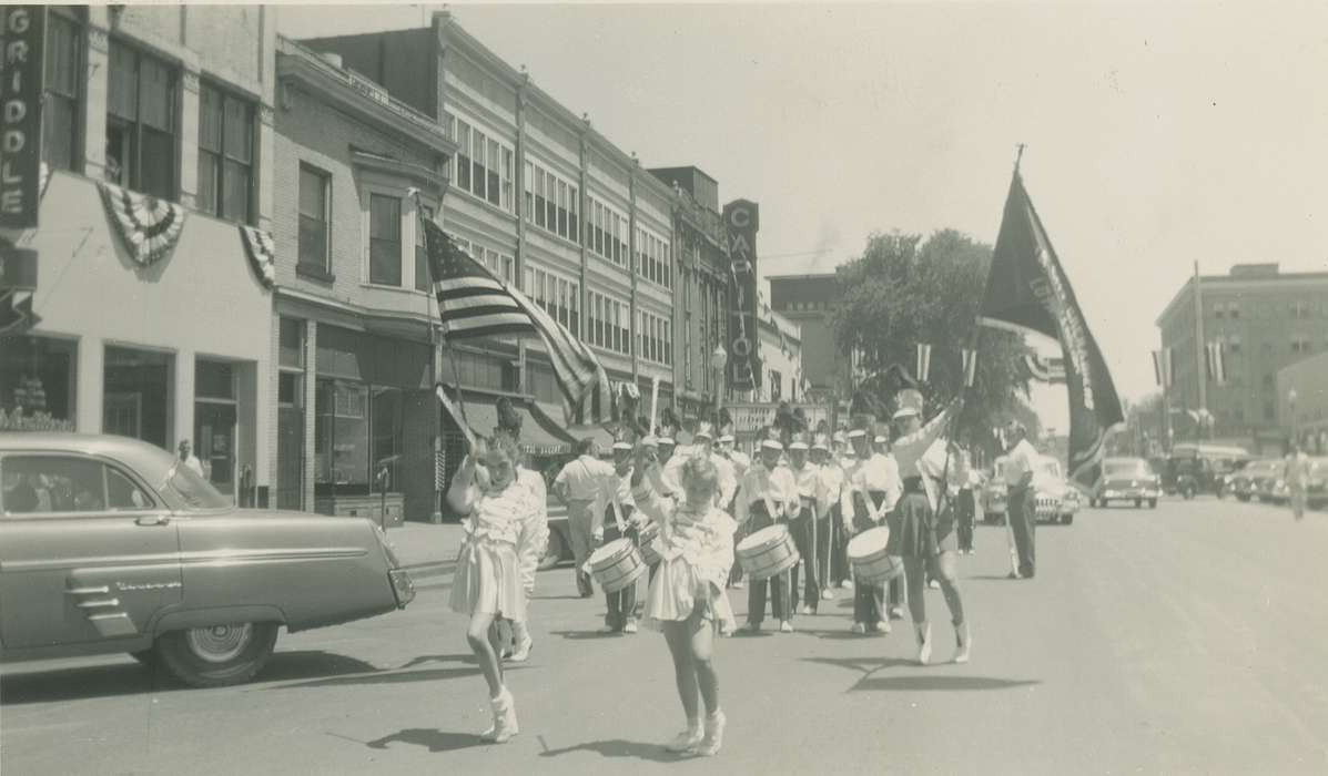 history of Iowa, Iowa History, flag, car, Iowa City, IA, Rogers, Rose Frantz, Iowa, Fairs and Festivals, Main Streets & Town Squares, marching band, parade, Cities and Towns