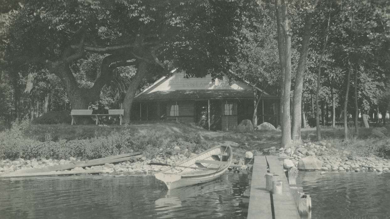 lake, cottage, Iowa, trees, boat, McMurray, Doug, dock, Iowa History, history of Iowa, Landscapes, Lakes, Rivers, and Streams, Clear Lake, IA