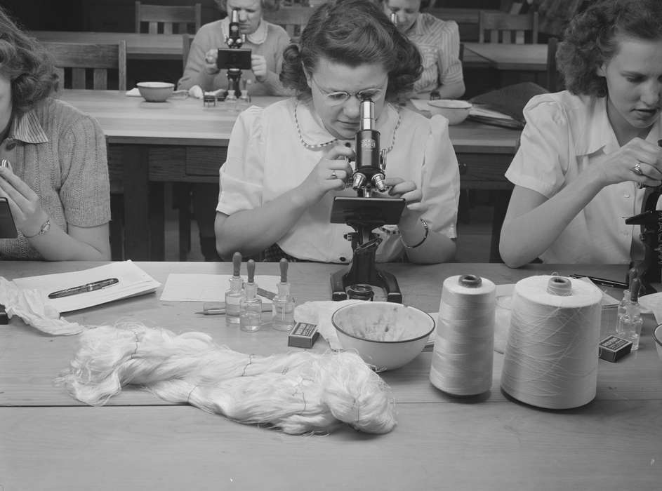 microscope, Library of Congress, studying, classmates, students, Iowa, Iowa History, Schools and Education, classroom, young women, history of Iowa, textiles