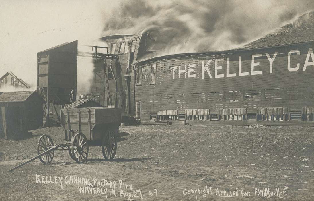 Iowa History, building, Businesses and Factories, kelley canning co., fire, Iowa, wheel, history of Iowa, smoke, debris, Meyer, Mary, factory, Cities and Towns, wagon