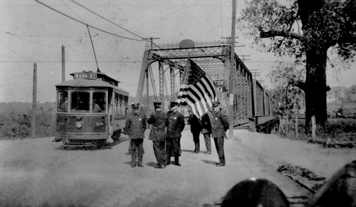 flag, bridge, history of Iowa, Iowa History, Cities and Towns, Motorized Vehicles, trolley, Labor and Occupations, police, Ottumwa, IA, Iowa, Lemberger, LeAnn