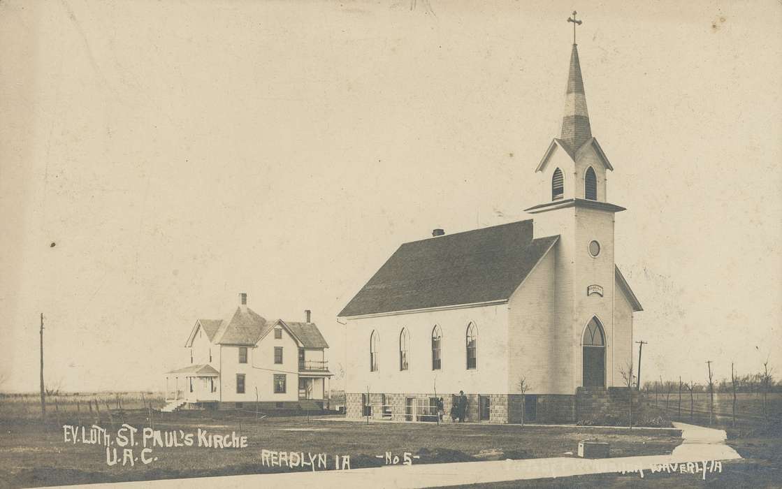 people, correct date needed, Religious Structures, Iowa, Iowa History, history of Iowa, Readlyn, IA, postcard, Waverly Public Library, roof, window, church, post card