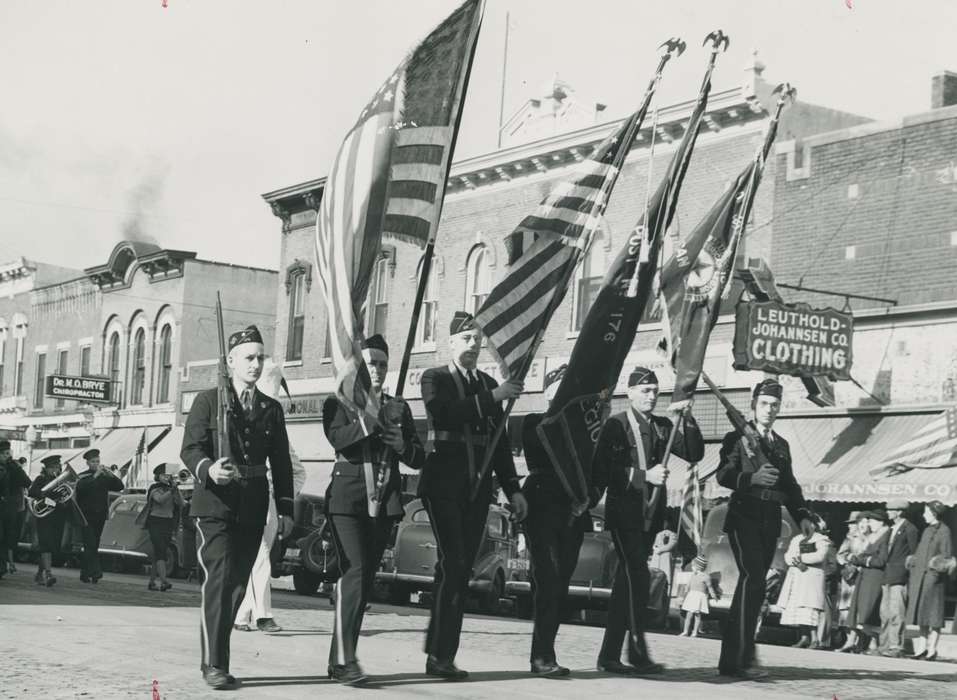 Waverly Public Library, Iowa, Iowa History, Entertainment, military, history of Iowa, american flag, Waverly, IA, Military and Veterans, Motorized Vehicles, Main Streets & Town Squares, band, car, awning, crowd, uniform
