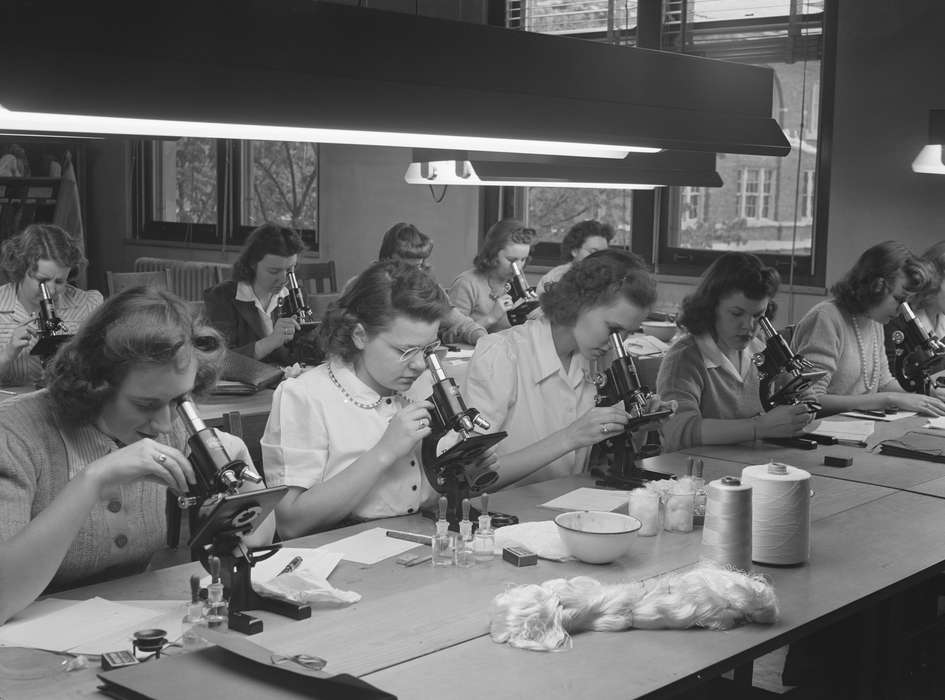 history of Iowa, students, classmates, Library of Congress, microscope, Iowa History, Iowa, classroom, studying, young women, textiles, Schools and Education