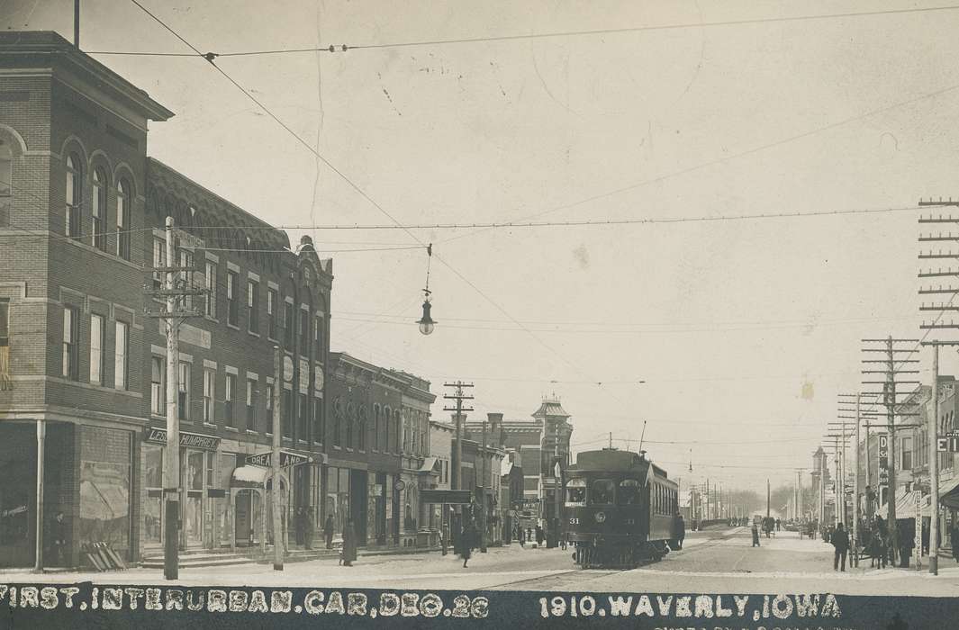 history of Iowa, Cities and Towns, storefront, Businesses and Factories, Waverly Public Library, Iowa History, uptown, Waverly, IA, Winter, Iowa, downtown, Motorized Vehicles, Main Streets & Town Squares, trolley