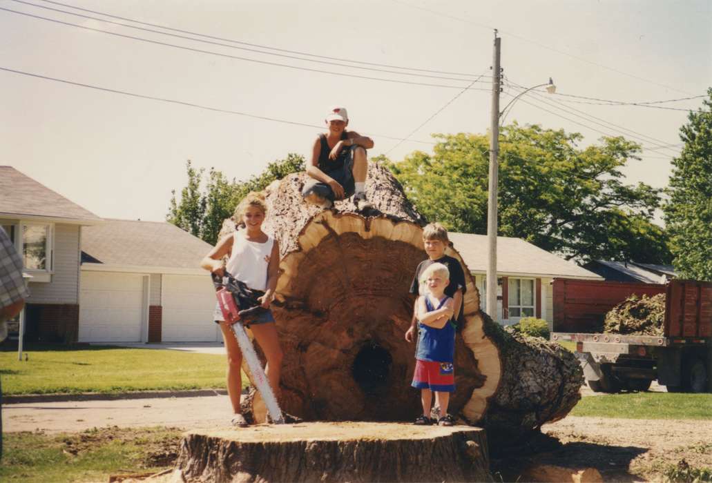 tree, Iowa, Portraits - Group, history of Iowa, Iowa History, Bancroft, Cynthia, West Union, IA, Cities and Towns, Children, chainsaw