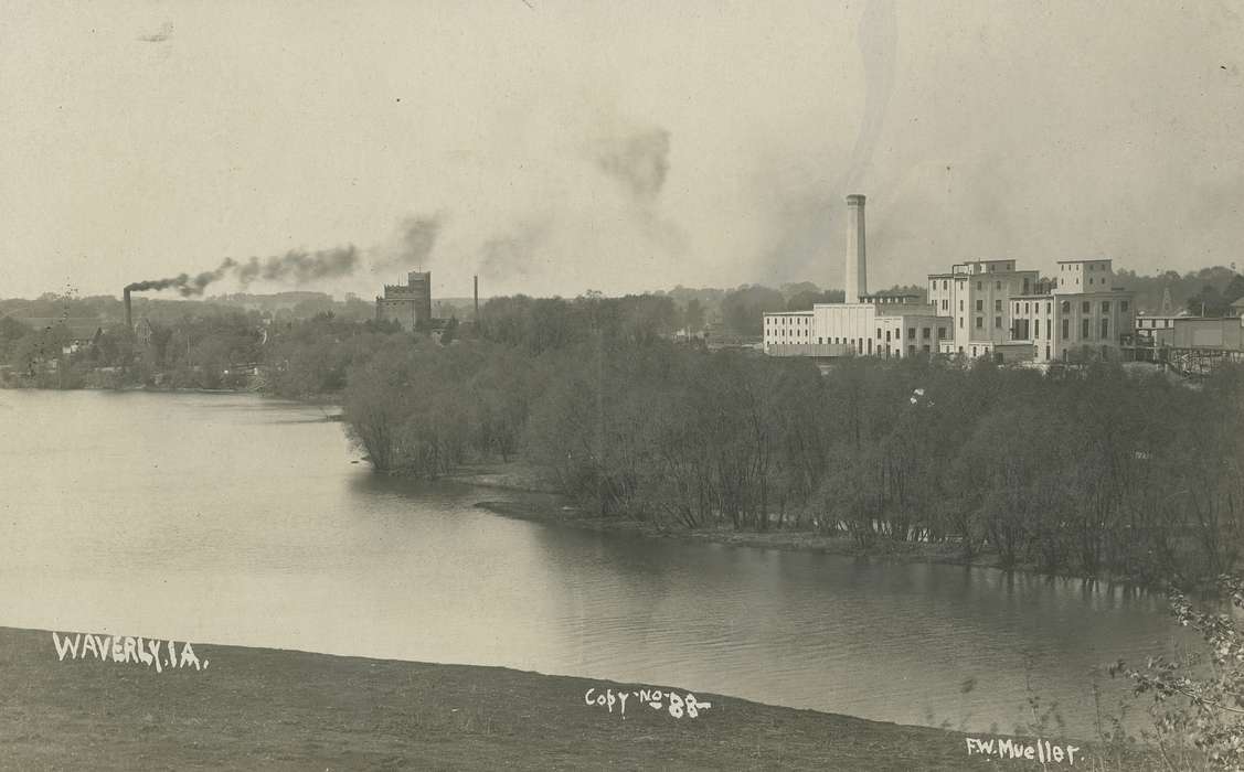 smoke stack, Meyer, Mary, factory, landscape, river