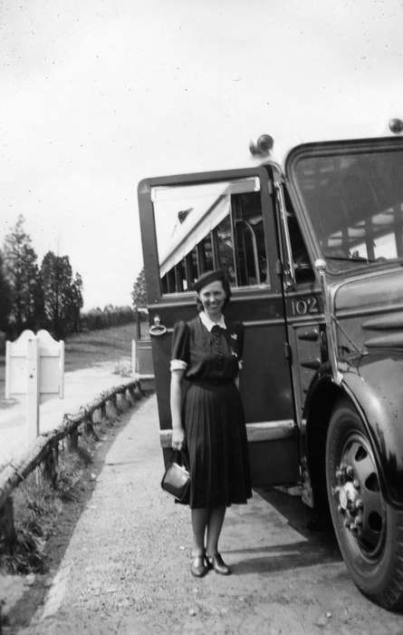 woman, hat, Travel, bus, Iowa History, Portraits - Individual, Iowa, Pickering, Tara, IA, history of Iowa, Motorized Vehicles