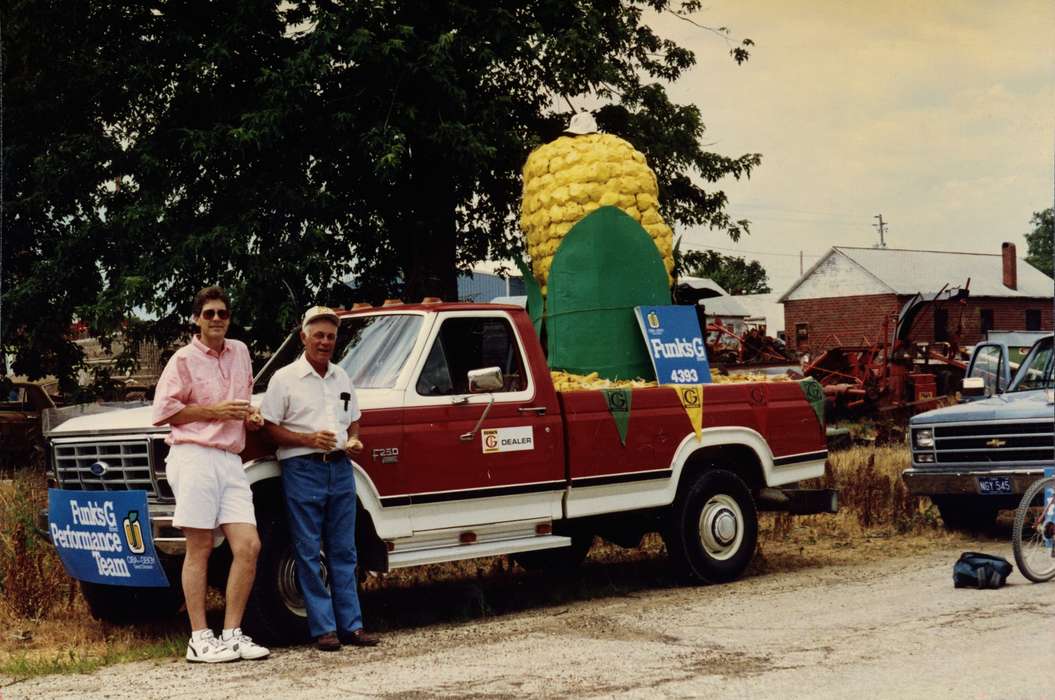 corn, ford, truck, Motorized Vehicles, Arlington, IA, Knivsland, Rick, history of Iowa, seed, Portraits - Group, parade, Fairs and Festivals, Labor and Occupations, f-250, Iowa, Iowa History, float