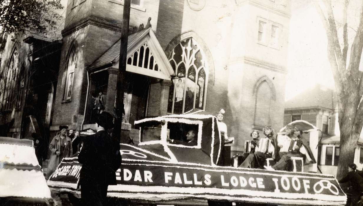 Cities and Towns, Cedar Falls, IA, accordion, Iowa History, history of Iowa, Main Streets & Town Squares, Motorized Vehicles, Schlichtmann, Linda, Fairs and Festivals, parade, Iowa, Religious Structures