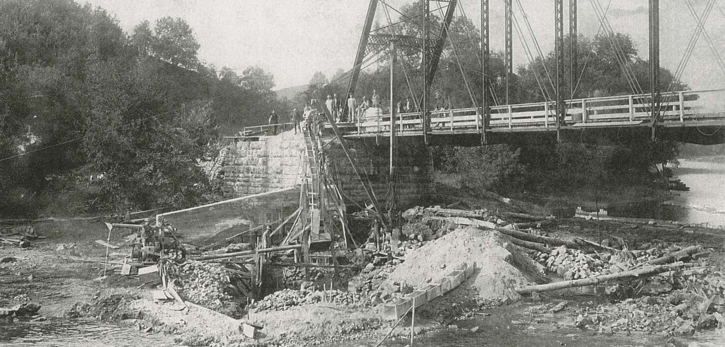 construction, forest, Lakes, Rivers, and Streams, construction materials, bridge, gravel, river, Iowa History, Hatcher, Cecilia, Anamosa, IA, Labor and Occupations, Iowa, metal supporta, history of Iowa