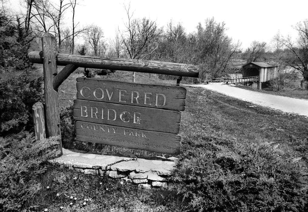 history of Iowa, covered bridge, Landscapes, Iowa, Iowa History, Lemberger, LeAnn, Delta, IA, bridge, gravel road, sign