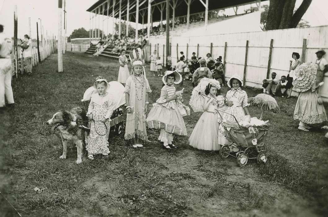 history of Iowa, dog, stereotype of native american, costume, Fairs and Festivals, Entertainment, Children, Knoxville, IA, Iowa, Deitrick, Allene, Iowa History, stereotype, Animals, Portraits - Group, drag, redface