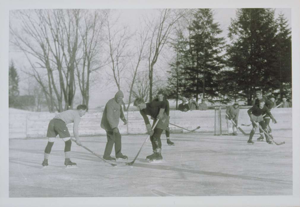 frozen pond, Archives & Special Collections, University of Connecticut Library, outdoors, history of Iowa, hockey, ice skates, Storrs, CT, Iowa History, Iowa, recreational, hockey stick