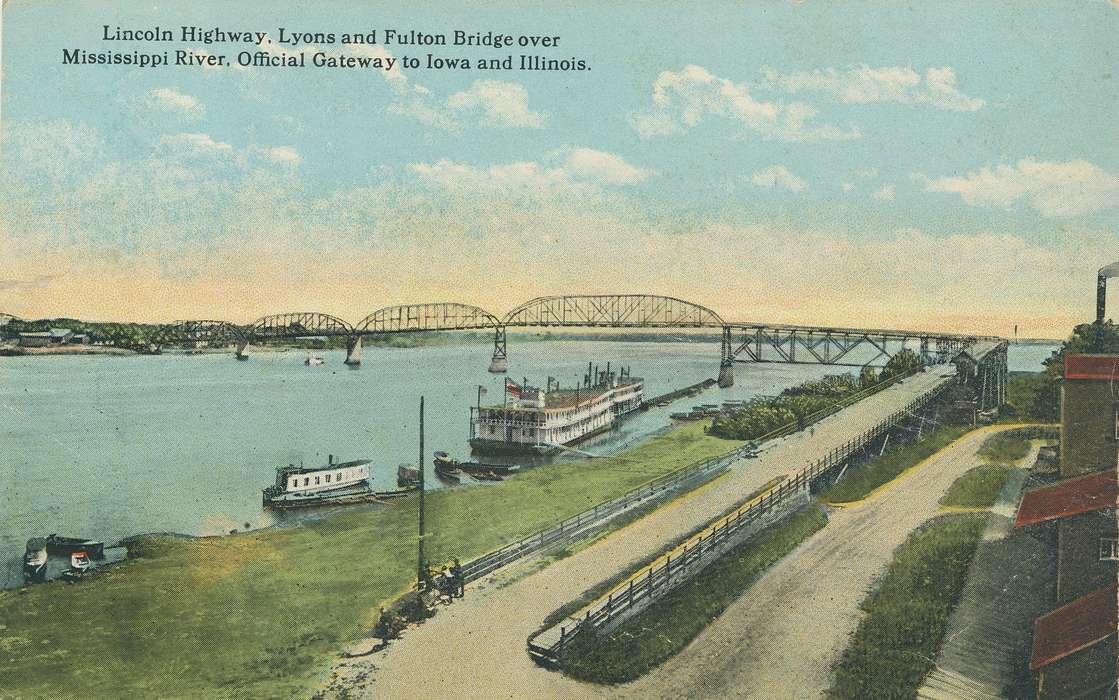 sailboat, Lakes, Rivers, and Streams, bridge, riverboat, postcard, river, Iowa History, Shaulis, Gary, boat, Iowa, history of Iowa