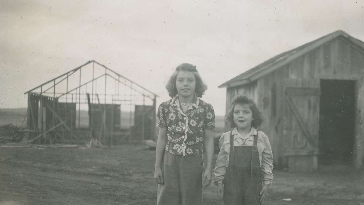 Children, McMurray, Doug, overalls, Iowa History, Outdoor Recreation, Portraits - Group, Iowa, construction, Webster City, IA, shed, history of Iowa, necklace