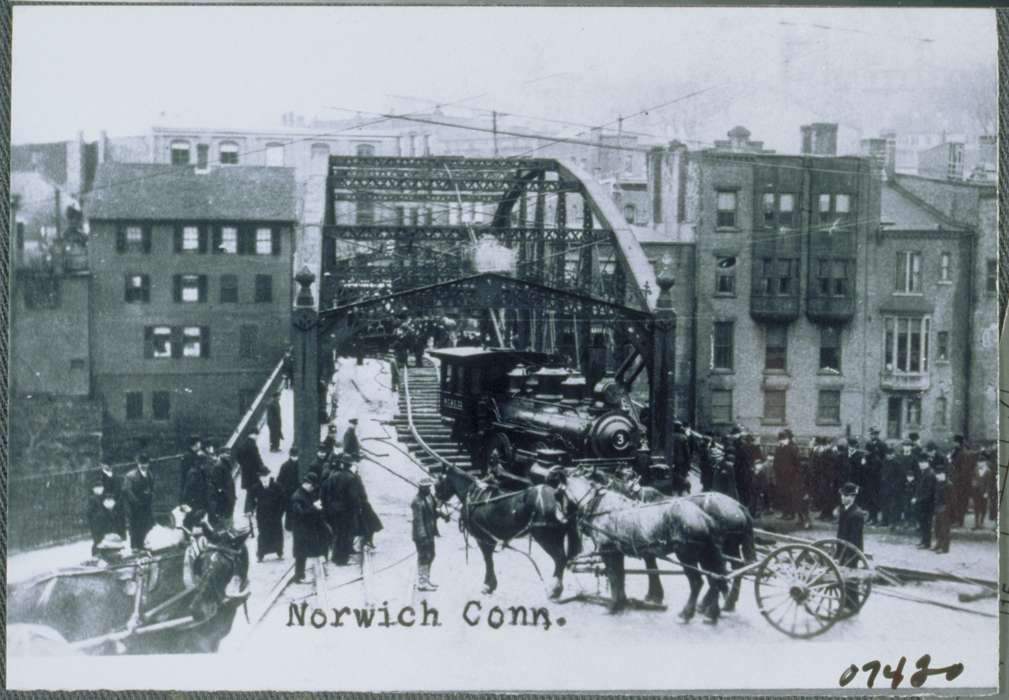 history of Iowa, Norwich, CT, trolley, train, Iowa, Archives & Special Collections, University of Connecticut Library, bridge, horse, Iowa History, train track