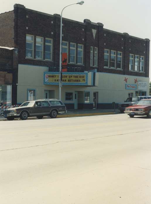 movie theater, marquee, Motorized Vehicles, car, Main Streets & Town Squares, Iowa History, Waverly, IA, Cities and Towns, Iowa, Waverly Public Library, station wagon, history of Iowa