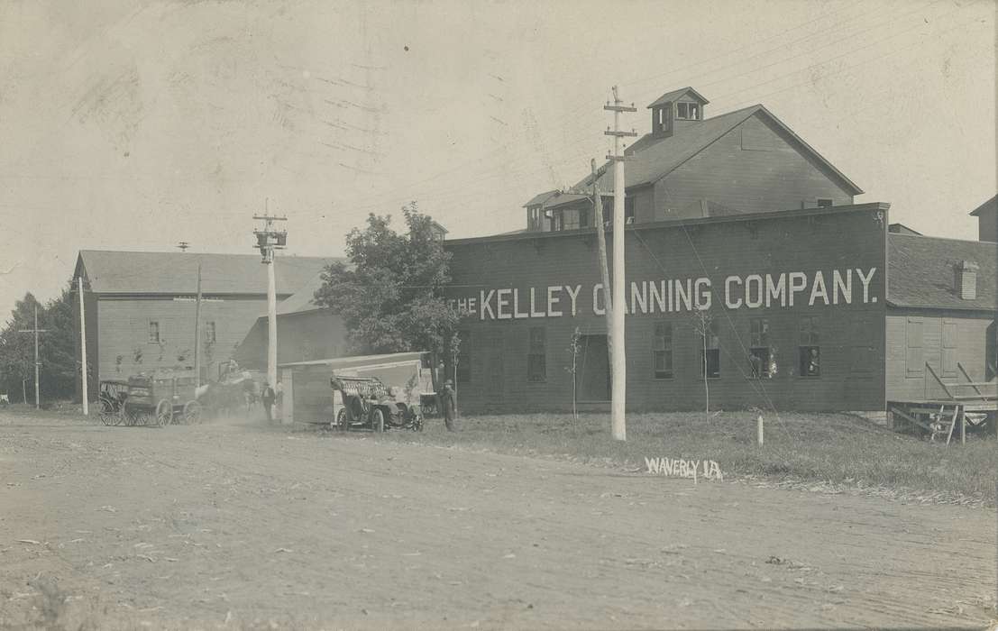 Iowa History, power lines, building, Businesses and Factories, kelley canning co., automobile, Iowa, history of Iowa, Meyer, Mary, car, Cities and Towns, factory, wagon