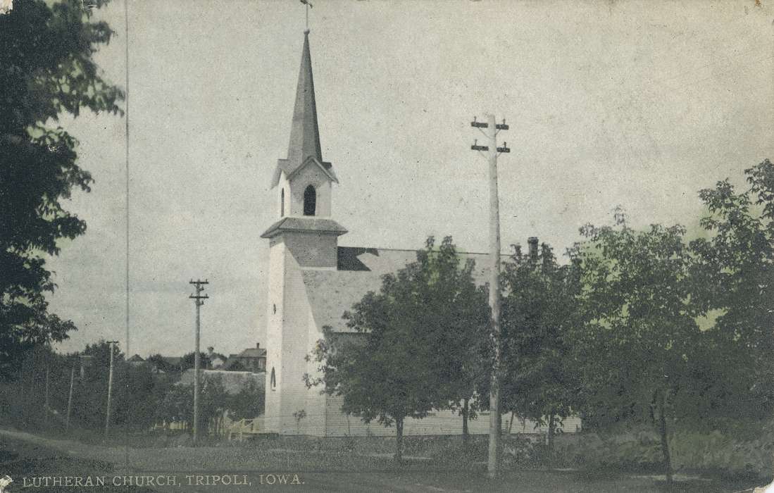 Religious Structures, post card, church, Tripoli, IA, correct date needed, Iowa History, electric lines, lutheran, tree, Iowa, postcard, Waverly Public Library, history of Iowa