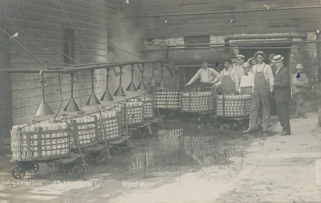 overalls, Meyer, Mary, Iowa History, boater hat, shower, Labor and Occupations, suspenders, history of Iowa, can, cans, Businesses and Factories, Iowa