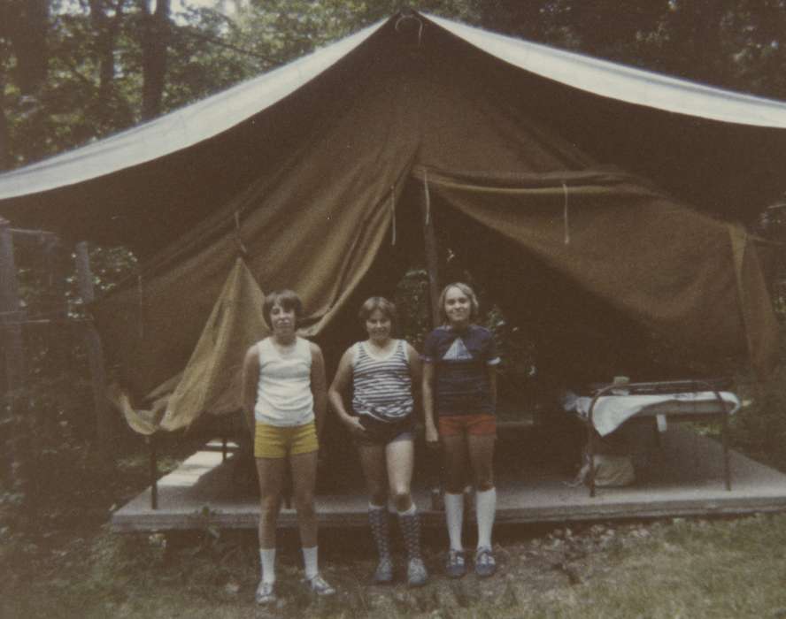 camping, Danville, IA, tent, girl, Outdoor Recreation, Iowa History, Portraits - Group, Iowa, Leisure, history of Iowa, Higgins, Sarah, Children