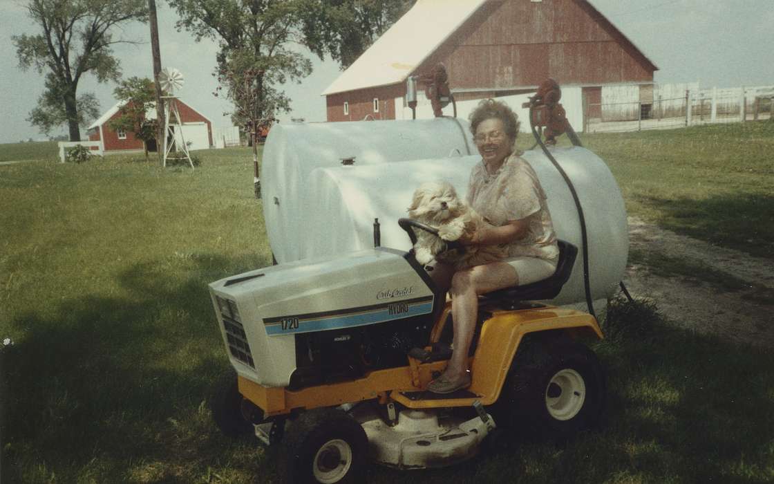lawn mower, Muscatine, IA, Farms, Barns, dog, Portraits - Individual, history of Iowa, Farming Equipment, Pfeiffer, Jean, Iowa History, Animals, cub cadet, Iowa