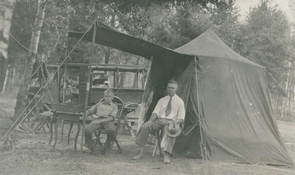Travel, tent, forest, desk, truck, hat, Outdoor Recreation, history of Iowa, car, Children, chair, Leisure, Portraits - Group, Iowa, McMurray, Doug, Iowa History, Motorized Vehicles, MN