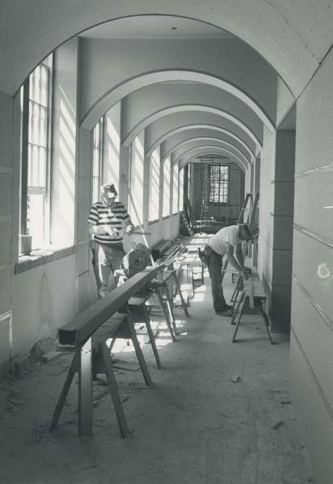 construction crew, baseball hat, Waverly Public Library, hall, Iowa History, Waverly, IA, outfit, Iowa, wartburg, construction materials, history of Iowa, wartburg college, Labor and Occupations