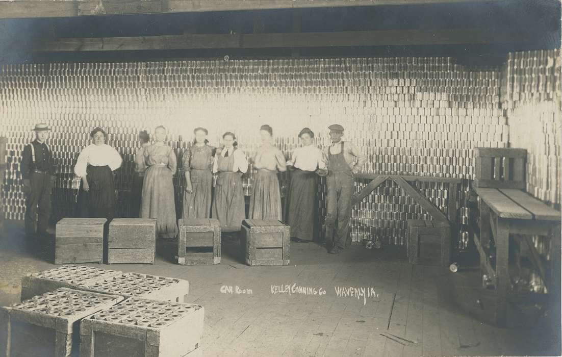 Labor and Occupations, boater hat, cap, history of Iowa, suspenders, Meyer, Mary, can, Iowa, bench, crates, cans, Businesses and Factories, Iowa History, crate