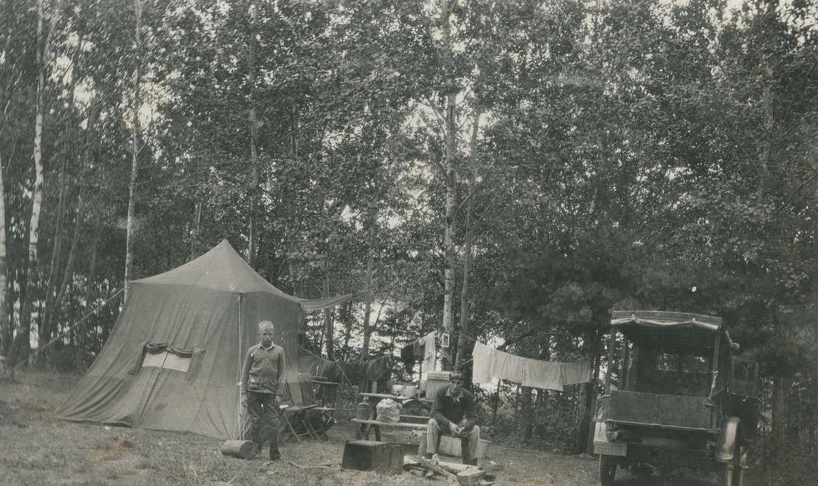 Travel, tent, tree, Iowa History, history of Iowa, MN, Motorized Vehicles, Portraits - Group, camping, Children, car, Iowa, laundry, McMurray, Doug, Outdoor Recreation