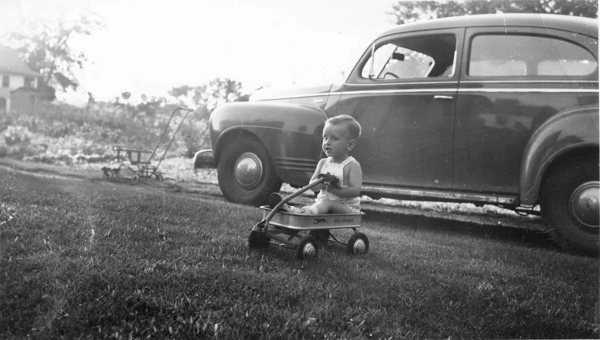lawn mower, Iowa History, boy, Norwalk, IA, history of Iowa, Motorized Vehicles, wagon, Children, Schall, Michael, Iowa