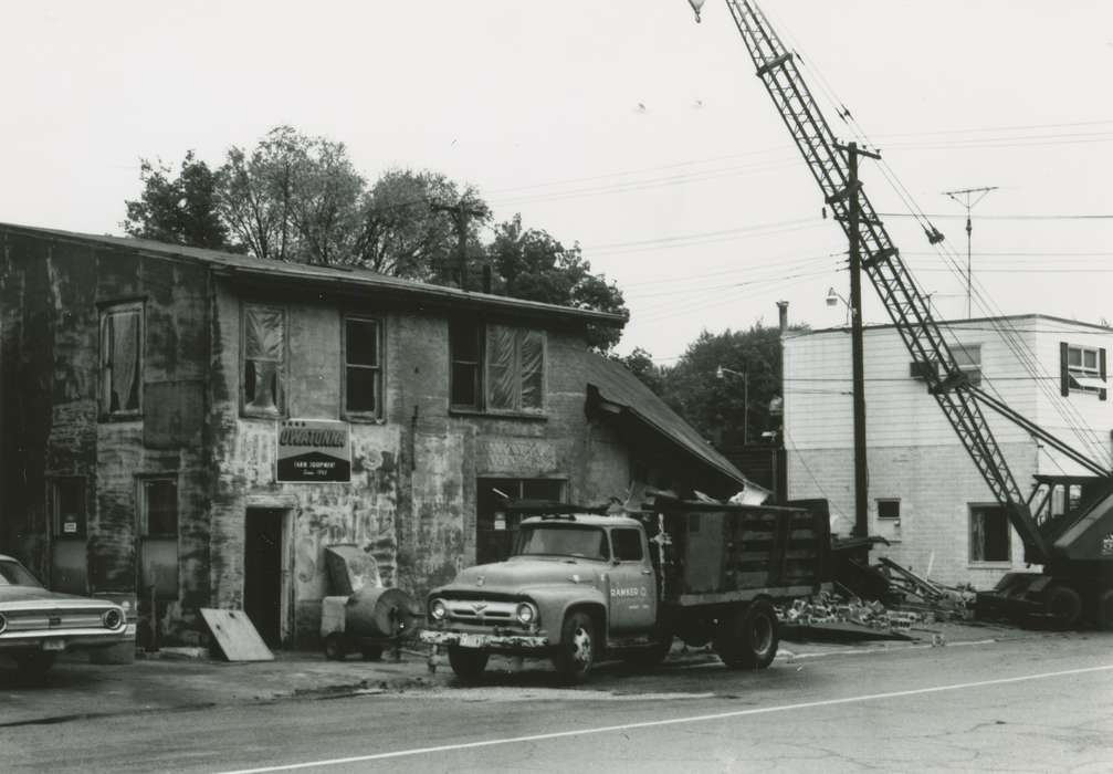 truck, main street, demolition, Wrecks, Iowa History, history of Iowa, Waverly Public Library, Main Streets & Town Squares, Iowa, crane, old building